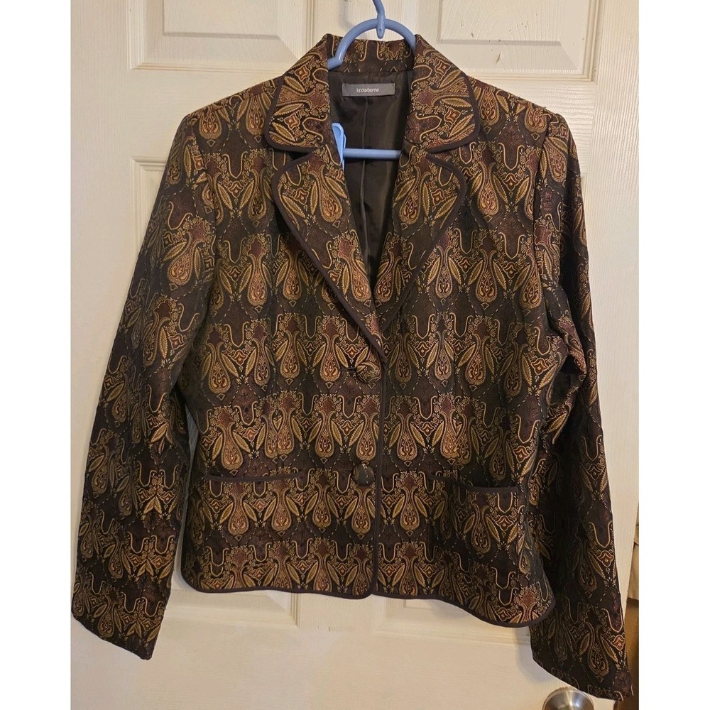 Vintage Liz Claiborne Womens 12 Paisley Brocade Blazer Brown Gold Hong Kong